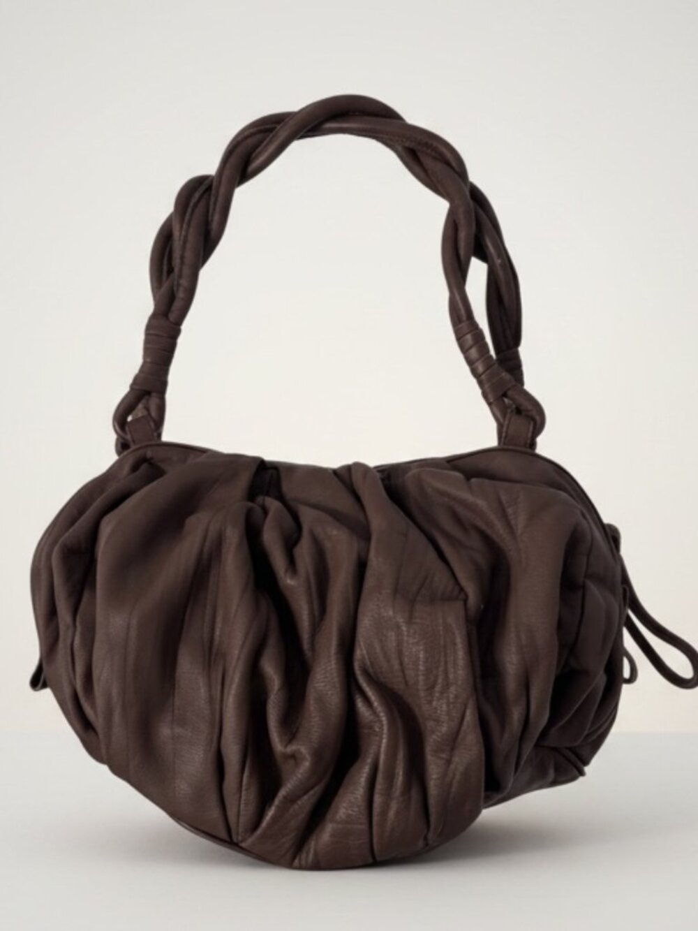 BCBGMAXAZRIA Ruched Leather Shoulder Bag Tan Braided Handles Soft Slouchy Tote